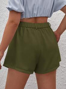 SHEIN Privé Plus Size Women's Solid Color Pleated Pocket Wide Leg Casual Shorts - Green - View 2