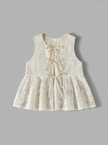 Maija Kids Maija Kids 一件少女休闲宽松刺绣蝴蝶结吊带背心，适合休闲外出、聚会、度假、派对、夏季和春季穿着。 - 杏色 - 查看 2