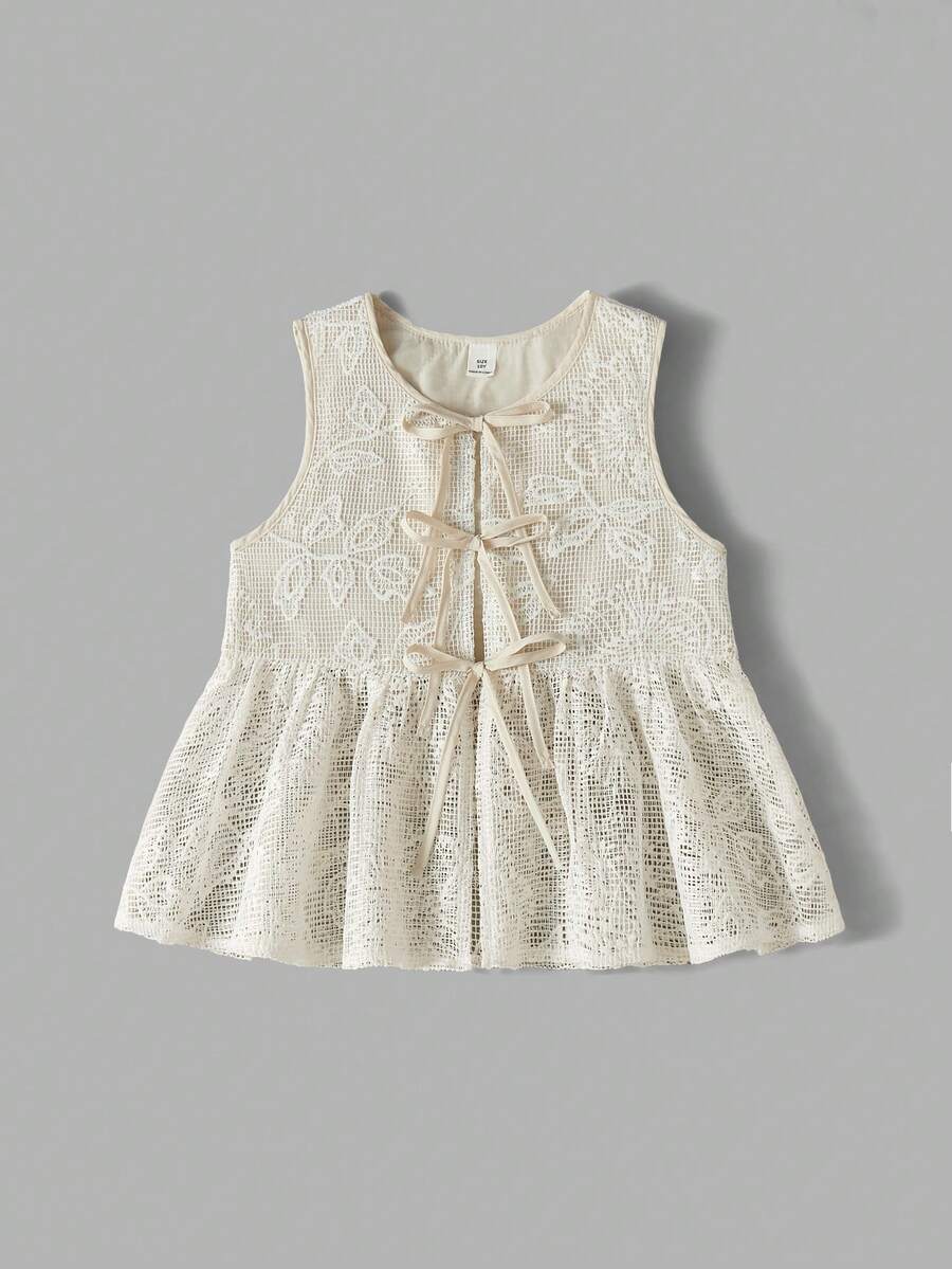 Maija Kids Maija Kids 1件青少年女孩白色夏季優雅派對寬鬆刺繡蝴蝶結前襟細肩帶上衣,蕾絲娃娃裝襯衫衣物,13-14歲度假款 - 杏色 - 查看 1