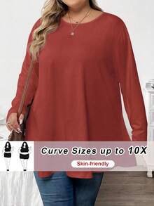 SHEIN CURVE+ 大码纯色长袖T恤，休闲百搭，秋季款 - 紅木色 - 查看 7