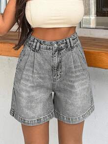 EURMUSE 100%Cotton HIGH WAIST PENS DETAILED STRAIGHT CUT SHORT - Grey - View 4