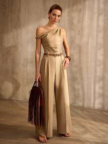 MOTF PREMIUM ASYMMETRICAL SHOULDER JUMPSUIT WITH BELT, VINTAGE STYLE, SPRING/SUMMER - Khaki - View 2