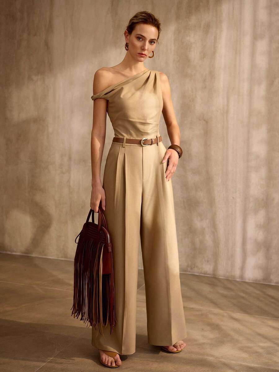 MOTF PREMIUM ASYMMETRICAL SHOULDER JUMPSUIT WITH BELT, VINTAGE STYLE, SPRING/SUMMER
