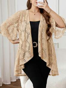 Reflora Plus Size Women Black Lace 3/4 Sleeve Loose Front Coat, Elegant Concert, Spring/Summer In Fall/Winter - Apricot - View 5