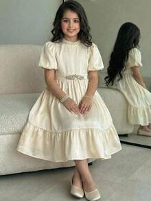 SHEIN Tween Girl Spring/Summer Elegant Glamorous Rhinestone & Beaded Trim Bubble Short Sleeve Dress, Apricot Solid Color Woven Dress, Tween Girl - Apricot - View 6