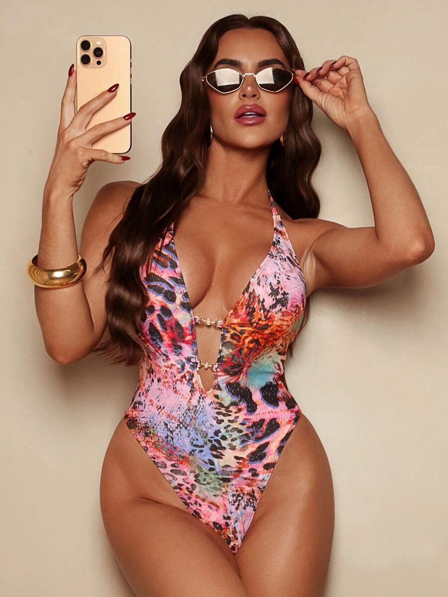 Swim SXY 1pc Women's Sexy Deep V Plunging Leopard & Tropical Leaf Print Metallic Buckle One-Piece Swimsuit - Pink - View 1
