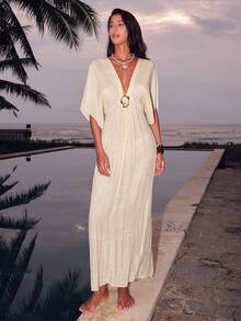 Swim Mulvari Women's Summer Vacation Metal Buckle Pleated Deep V Waist Wrap Dress - Beige - View 3