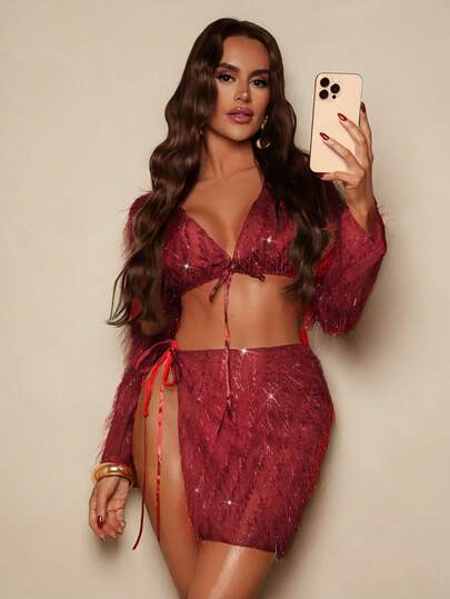 Bonvoyette 2pcs Women Shiny Fabric Tie-Up Cover Up Set, Long Sleeve Top & Mini Skirt, Wine Red, Suitable For Music Festival, Party, Beach