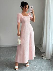 Modelyn 女士粉色提花方领泡泡袖优雅夏季中长连衣裙 - 粉色 - 查看 1