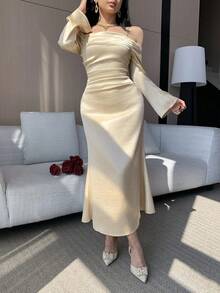 DAZY Women's Elegant Solid Light Yellow Open Shoulder Pleated Asymmetric Midi Dress, Spring/Summer Wedding Guest Dress Sundress Off The Shoulder - Light Yellow - View 7