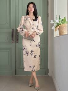 DAZY Women's Elegant Floral Print V-Neck Puff Sleeve Twist Dress, Spring/Summer - Purple - View 4