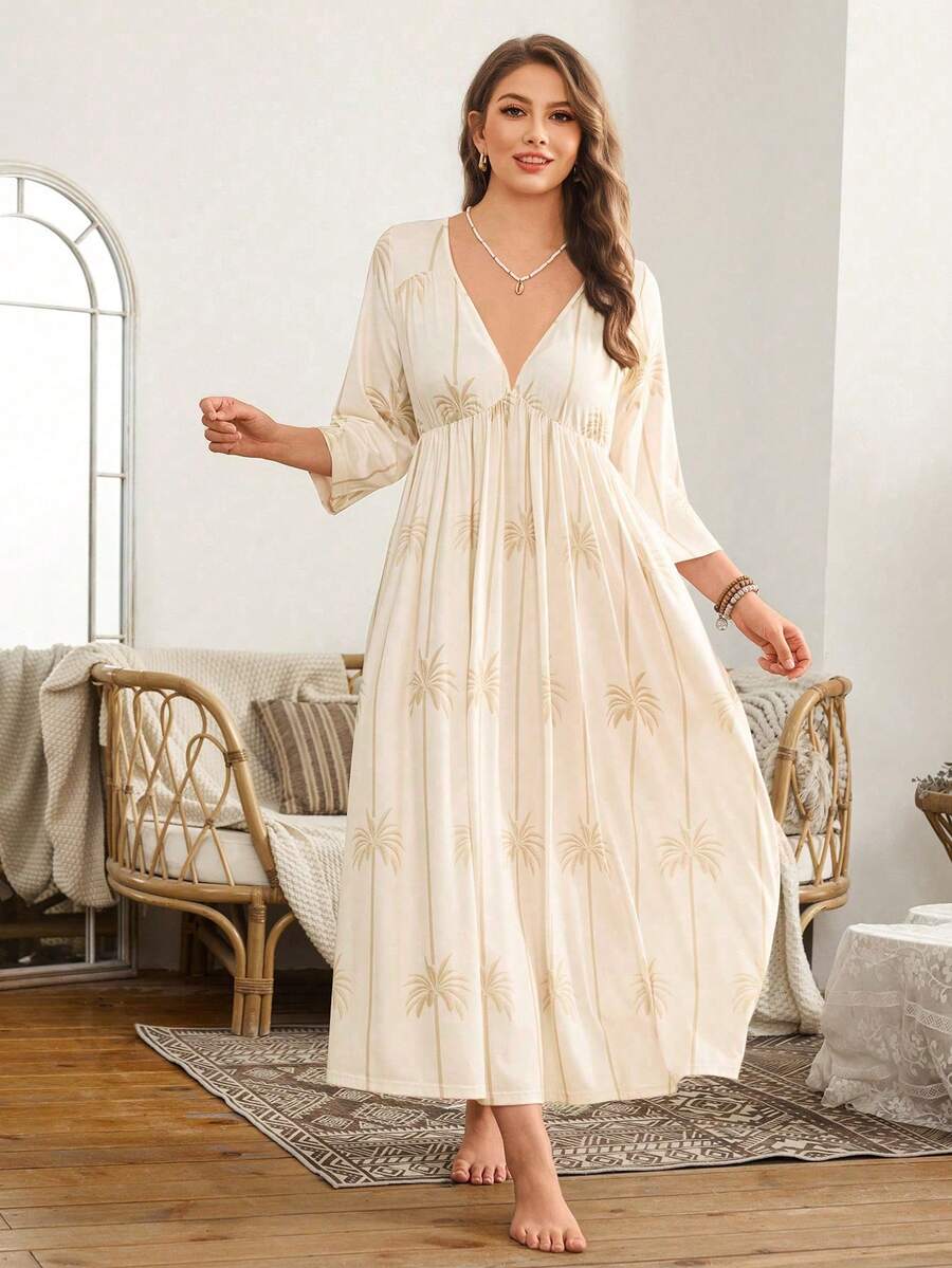 SHEIN Áo ngủ maxi cỡ lớn, cổ chữ V, tay lỡ 3/4, in họa tiết, kiểu dáng nghỉ mát. - Màu be - Xem 1
