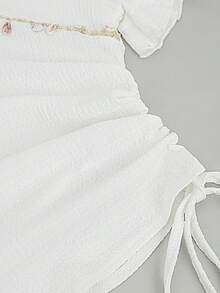 Franclia Floral Print Drawstring Side Asymmetrical Neck Tee - White - View 4