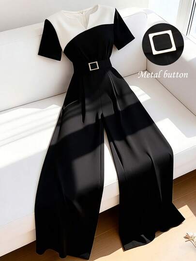 GlowEve Women's Black & White Contrast V-Neck Short Sleeve Metal Buckle Waist Belt Jumpsuit, Elegant & Chic, Suitable For Valentine's Day, Easter, Labor Day, Birthday, Date, Party, Formal Occasions, Teacher Outfit, Travel, Street Style, Spring/Summer