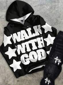 SHEIN 街头服饰青少年男孩休闲卡通印花宽松长袖连帽衫运动衫时尚经典酷炫十字印花牛仔裤 Y2K 风格服装 - 黑色 - 查看 2