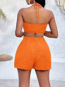 SOLERSUN 落肩衬衫和领带露背吊带上衣和短裤 - 亮橙色 - 查看 2
