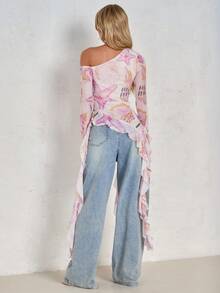 SHEIN Glamour Asymmetric Jellyfish Ruffle Hem Oblique Shoulder Long Sleeve Ocean Element Print Stretchy Mesh Fitted Women T-Shirt, Suitable For Beach, Seaside Outfit In Spring/Summer Boho Clothes Women Tassel Outfit Boho Feels Women Outfit - Multicolor - View 6