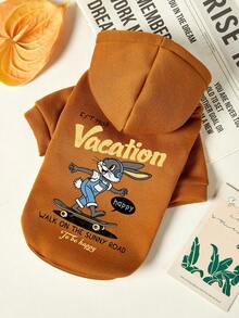 PETSIN 1件滑板兔字母印花宠物连帽衫，秋冬季棕色加厚保暖宠物服装 - 棕色 - 查看 1