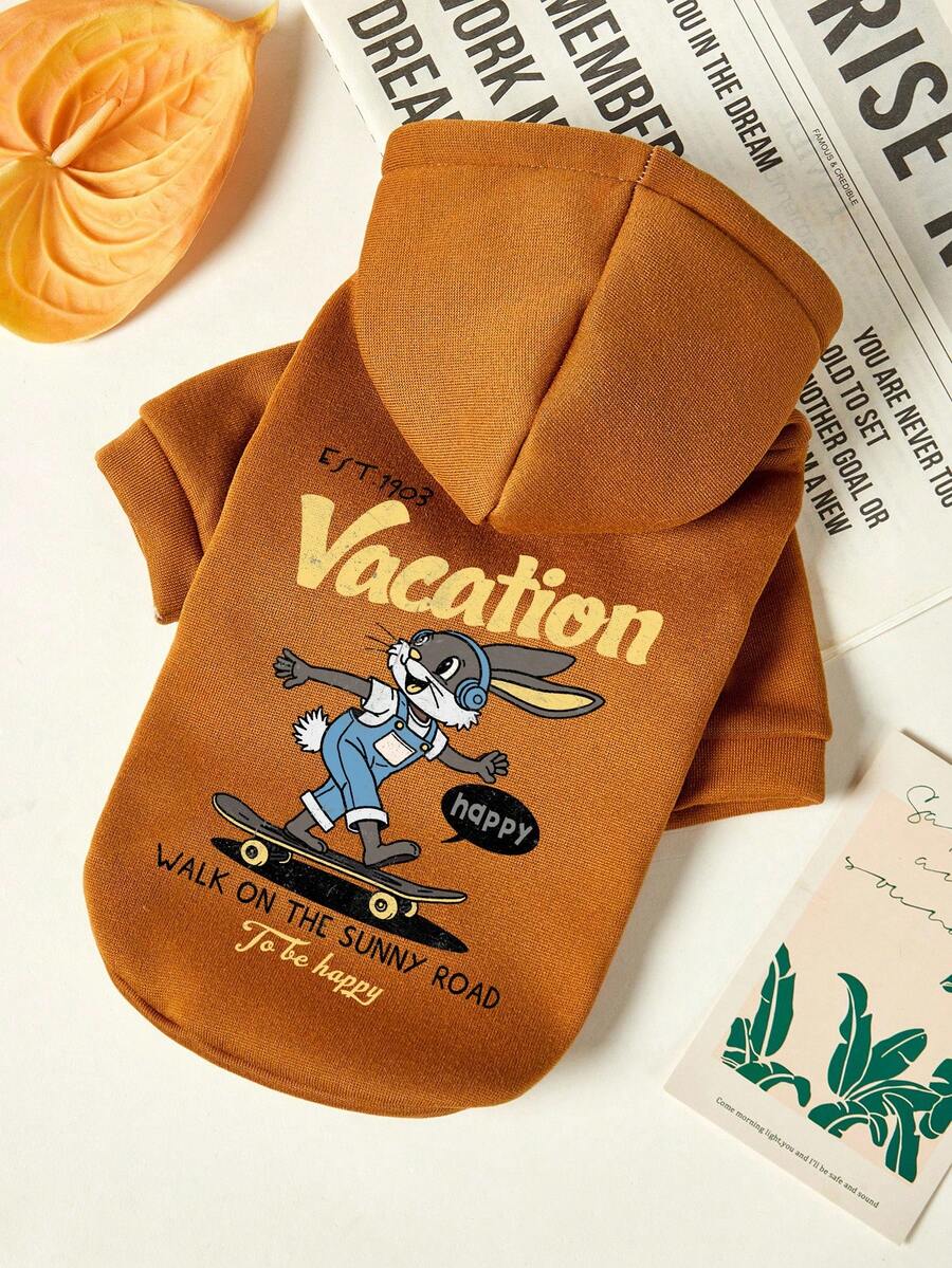 PETSIN 1件滑板兔字母印花宠物连帽衫，秋冬季棕色加厚保暖宠物服装 - 棕色 - 查看 1