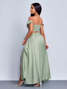 SOLERSUN 女士度假浪漫优雅亚麻质感露肩小飞袖短款上衣搭配A字前开衩长裙套装，女士两件套，休闲日常穿着 - 綠色 - 查看 2