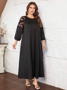 SHEIN Lacomfia Elegant Casual Lace Patchwork Round Neck Loose Fit Plus Size Women Long Dress, Spring/Summer - Multicolor - View 4
