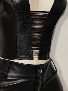 SHEIN ICON Y2k Women's Goth Black Concert Club Going Out Coachella PU Leather Halter Tie Backless Tassel Hollow Out Design Fashionable Versatile Top For Dates & Parties, Spring To Summer - Black - View 16