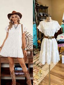 Women's Western Casual White Woven Plain Knit Hollow Embroidered Round Neck Drop Shoulder Ruffle Sleeve Multi-Layer Patchwork A-Line Dress, LanaWest - White - View 3