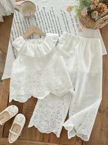 LMoss Kids 两件套女童纯色刺绣荷叶边领吊带背心和长裤套装 - 白色 - 查看 7