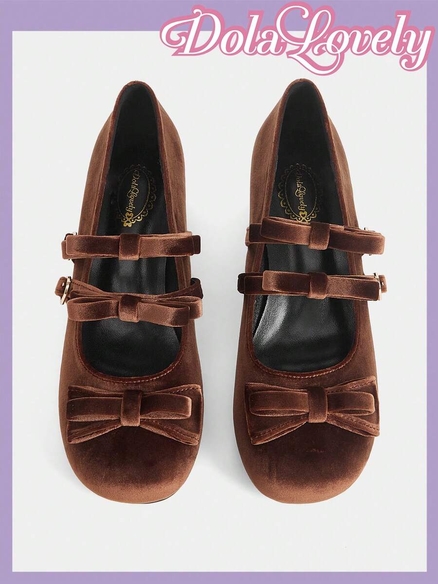 Dola Lovely Women's Brown Sweet Velvet Round Toe High Heel Pumps With Multiple Bow Straps, Low Heel Lolita Style Cute Soft Shoes For Daily Wear And Dates Valentine's Day - Rust Brown - View 1