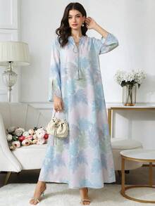 Al Najma 女士树叶印花缺口领扭结流苏装饰优雅长袖连衣裙 - 藍色 - 查看 4