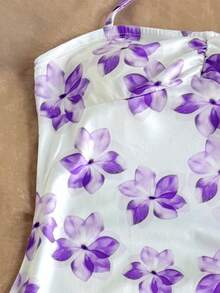 SHEIN 少女可爱碎花不对称下摆露背修身中长连衣裙，度假风，蝴蝶结，节日优雅复古少女碎花紫色连衣裙，淡紫色连衣裙，紫色碎花连衣裙 - 淡紫色 - 查看 4