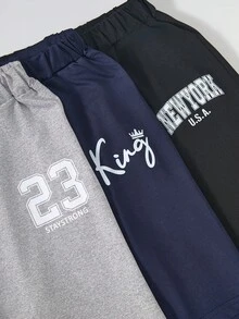 3件套幼儿男童休闲运动学院风“纽约”、“23”、“国王”图案短裤，黑色、灰色、藏青色 - 彩色 - 查看 4