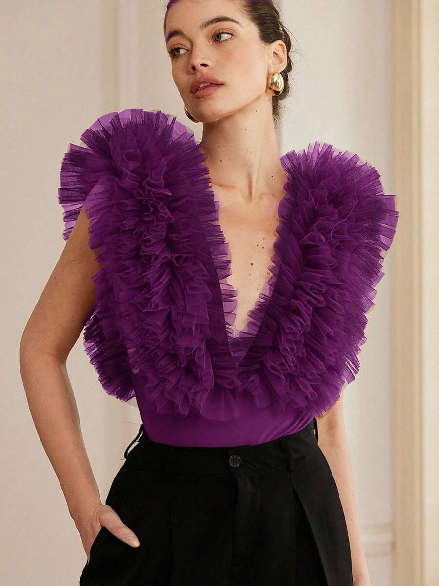 Aveloria Rosie Bộ đồ liền thân không tay cổ chữ V sâu, chất liệu lưới, họa tiết hoa 3D, thanh lịch và gợi cảm dành cho nữ. - Màu tím - Xem 1