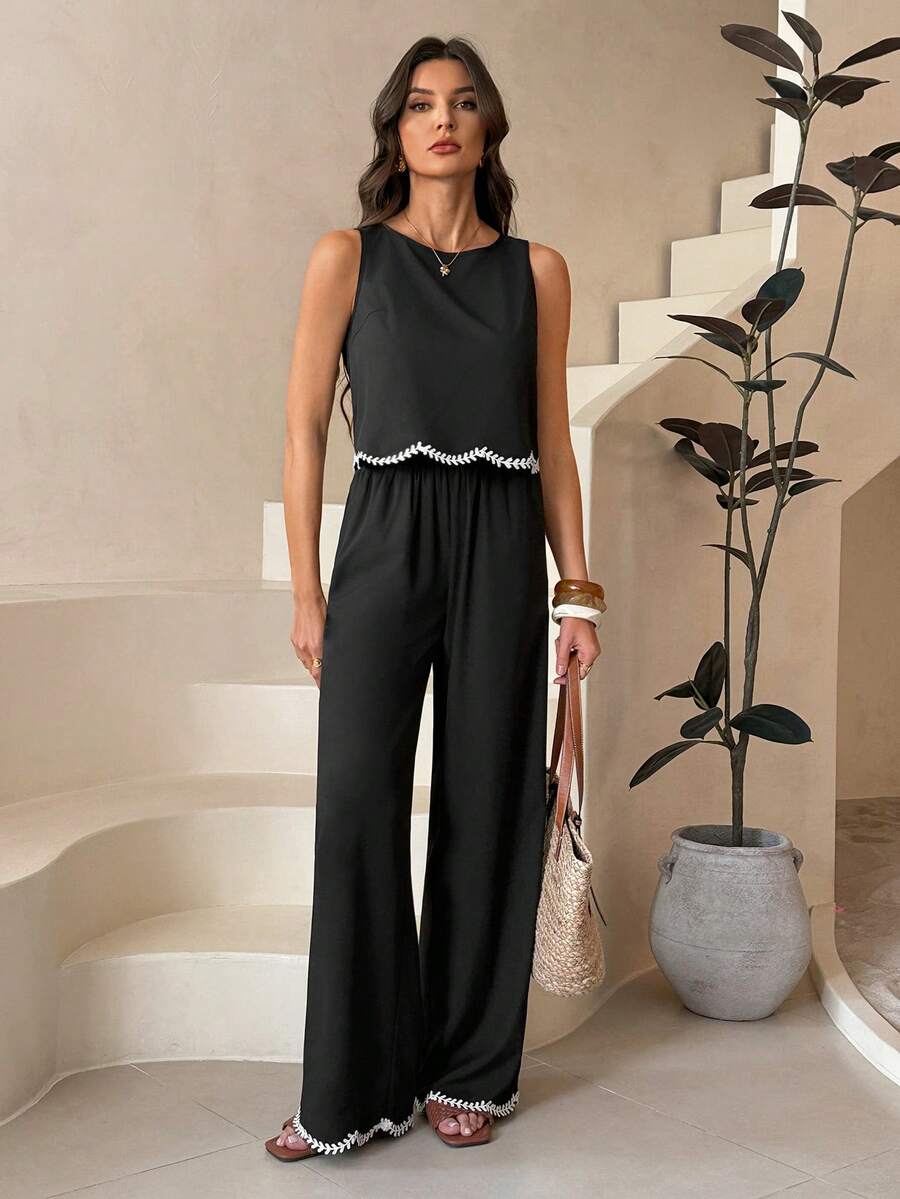 SHEIN Tall 女士时尚度假休闲撞色蕾丝边吊带背心上衣和裤子两件套，四季皆宜，黑色套装，无袖上衣和裤子两件套，秋季女装，商务休闲女装，阔腿裤两件套，蕾丝波浪边衬衫夏季休闲黑色 - 黑色 - 查看 1