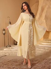 Al Najma 女士优雅串珠腰带拼接束腰连衣裙 - 鵝黃色 - 查看 6