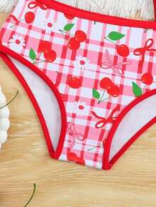 女童格子樱桃印花不对称领口泳衣套装，含罩衫和迷你裙 - 紅色 - 查看 4