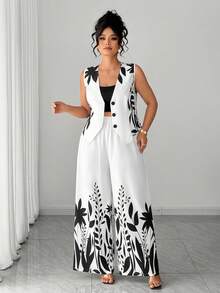 SHEIN Elenzya Bộ đồ 2 món cỡ lớn, kiểu dáng thường ngày, in họa tiết hoa, gồm áo vest cài cúc phía trước và quần ống rộng. - Nhiều màu - Xem 3