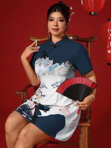 Elenzga 大尺碼女款花卉印花海軍藍優雅旗袍洋裝 中式鈕扣設計短袖 夏季新年派對東方旗袍 - 藍色 - 查看 3