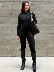 Kuleshova Women's Casual Tight Fit Thermal Lined Thick Warm Long Sleeve Jumpsuit, Clothes Suitable For Autumn/Winter - Black - View 1