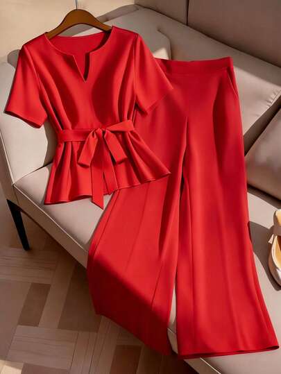 GlowEve CURVE Red Lace-Up Shirt With V-Neck And Loose Wide-Leg Pants, Elegant Plus Size Women Set