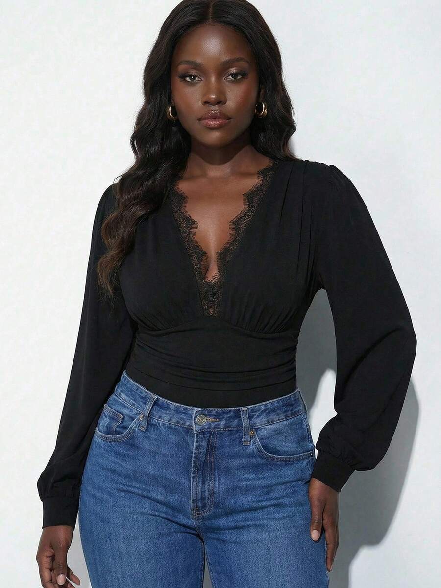 Maija 大码女式黑色蕾丝纯色弹力荷叶袖连体衣，浪漫、时尚、百搭；舒适、优雅、休闲、简约，适合日常穿着，是度假休闲的必备单品，适合单身女士，优雅时尚商务休闲外套 - 酒紅色 - 查看 1