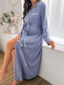 SHEIN Women's Casual Turndown Collar Long Letter Embroidery Cardigan Tie Front Long Sleeve Maternity Loungewear Jacket - Dusty Blue - View 5