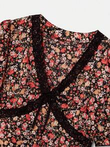 lacRébo 碎花复古印花长裙，胸前和领口饰有黑色蕾丝边，法式巴黎风情 - 黑色 - 查看 9