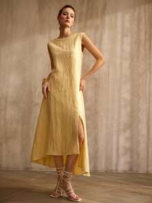 MOTF PREMIUM ASYMMETRIC HEM SLEEVELESS LINEN SHIFT DRESS, MINIMALIST URBAN STYLE, SPRING/SUMMER - Yellow - View 4