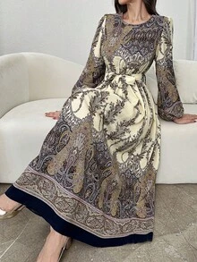 Al Najma 女士优雅阿拉伯风格梭织印花收腰喇叭泡泡袖连衣裙，春夏款 - 彩色 - 查看 6