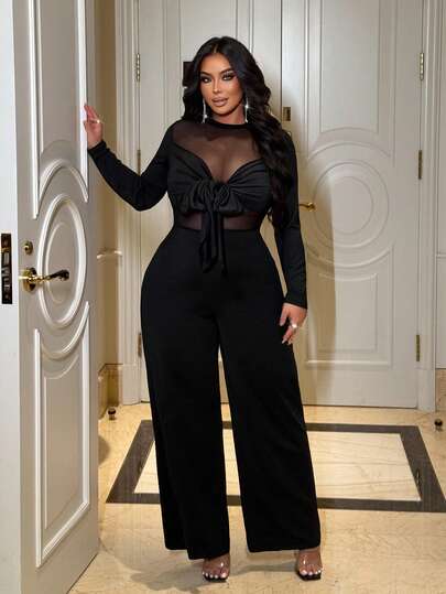 NU&NOW Plus Size Women's Elastic Mesh Patchwork Jumpsuit Pants, Sexy For Outings And Parties, Spring/Summer