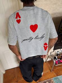 Manfinity Roghcode Kaos Kasual Pria dengan Huruf Bertekstur, Kerah Bulat, dan Bahu Longgar, Musim Panas - Grey - View 6