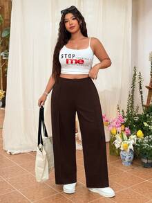 SHEIN EZwear 大码女式纯色简约直筒休闲裤 - 咖啡棕 - 查看 4