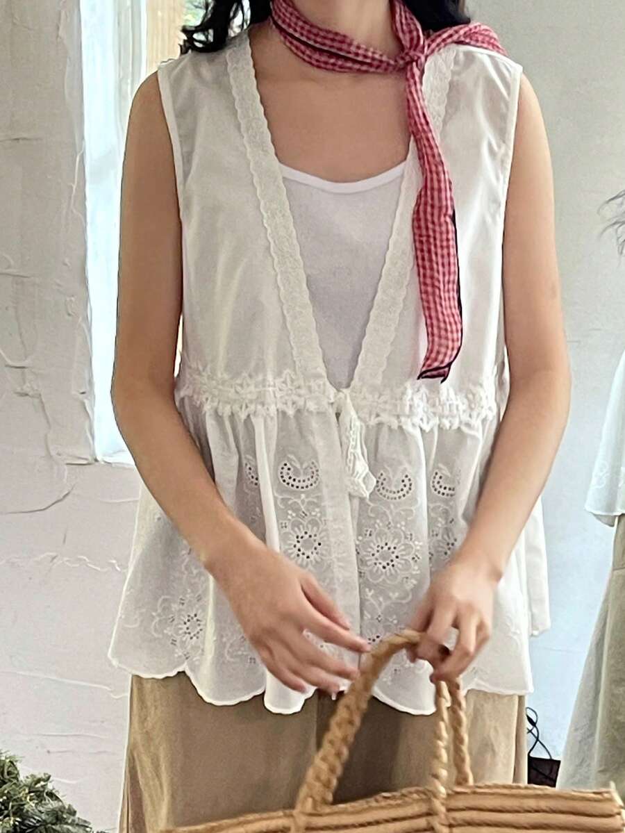 FRIFUL Áo tank top không tay thêu ren xếp lớp dành cho nữ, thích hợp cho mùa hè. - Màu Khaki - Xem 1