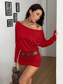 Coolane Đầm mini cổ lệch gợi cảm thời trang nữ - Màu Đỏ Sâu - Xem 2